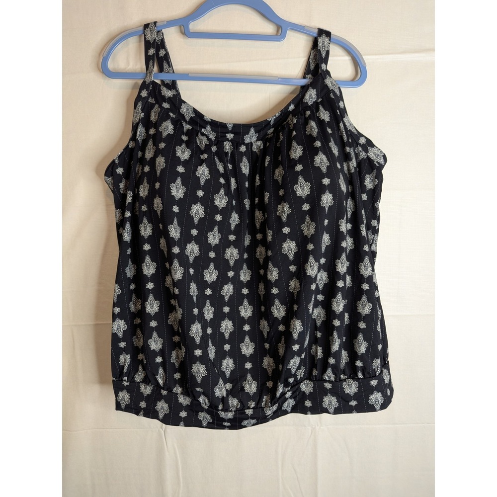 Lands End Black Blousen Tankini Swim Top Size 26W Wireless Built In Bra Cinched
